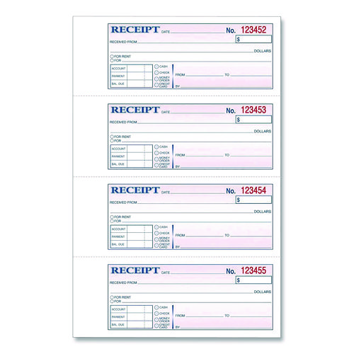 Money/Rent Receipt Book, Two-Part Carbonless, 7.13 x 2.75, 200 Forms Total