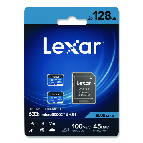 High Performance BLUE Series microSDXC Memory Card with Adapter, UHS-I V30 U1 Class 10, 128 GB, 2/Pack