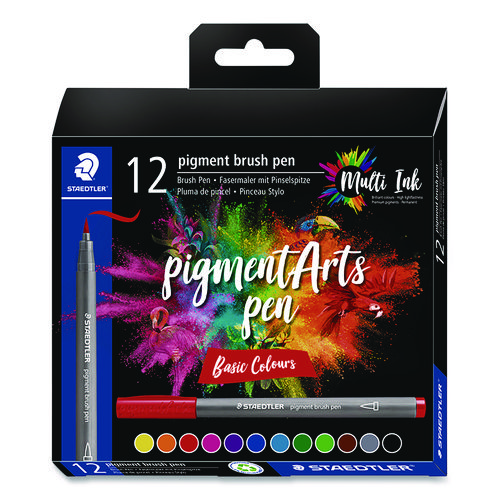 Pigment Brush Pen Set, Medium-Firm, Assorted Basic Colors, 12/Pack