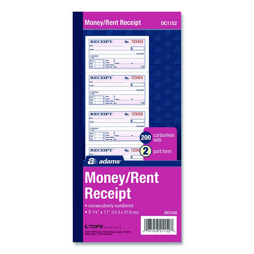 Money/Rent Receipt Book, Two-Part Carbonless, 4.75 x 2.75, 200 Forms Total