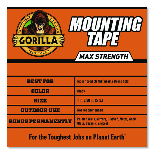 Max Strength Mounting Tape, Permanent, Holds Up to 45 lb (3 lbs per 4 in), 1 x 60, Black