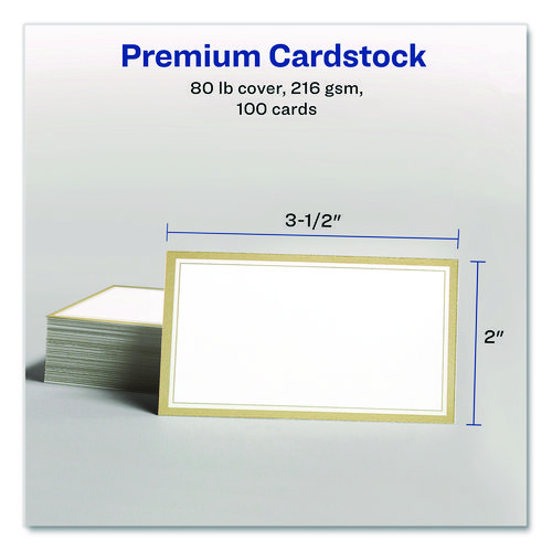 Business Cards with Metallic Gold Borders, Inkjet/Laser, 2 x 3.5, White, 100 Cards, 10 Cards/Sheet, 10 Sheets/Pack