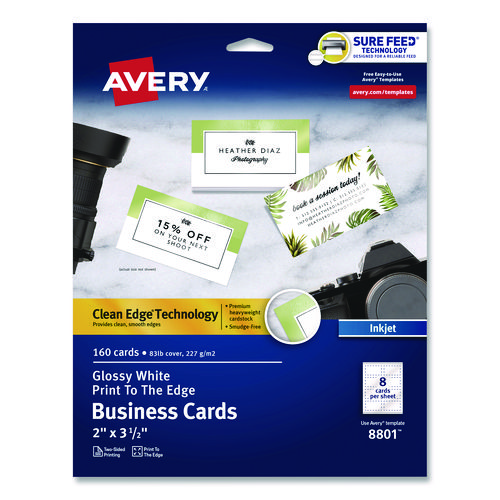 Print to the Edge Business Cards with Sure Feed Technology, 2 x 3.5, White, 160 Cards, 8/Sheet, 20 Sheets/Pack