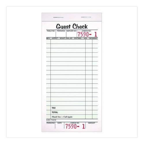 One-Part Guest Check Pad with Perforated Stub, One-Part (No Copies), 3.4 x 6.25, 50 Forms/Pad, 10 Pads/Pack