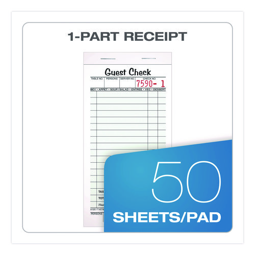 One-Part Guest Check Pad with Perforated Stub, One-Part (No Copies), 3.4 x 6.25, 50 Forms/Pad, 10 Pads/Pack