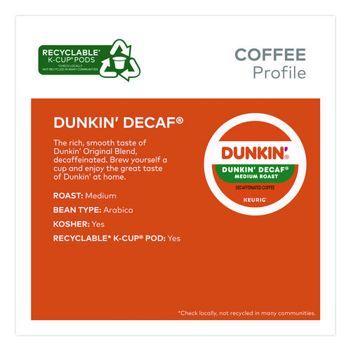 K-Cups, Dunkin' Decaf, 0.37 oz, 22/Box, 4 Boxes/Carton