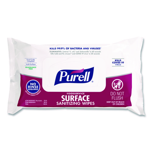 Foodservice Surface Sanitizing Wipes, 1-Ply, 7.4 x 9, Fragrance Free, White, 72 Wipes/Resealable Pack