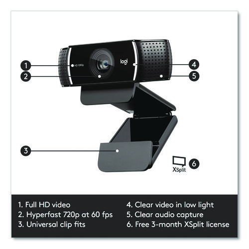 C922 Pro Stream Webcam, 1920 pixels x 1080 pixels, 3 Mpixels, Black