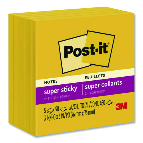 Super Sticky Note Pads in Playful Primary Colors, 3 x 3, Sunnyside, 90 Sheets/Pad, 5 Pads/Pack