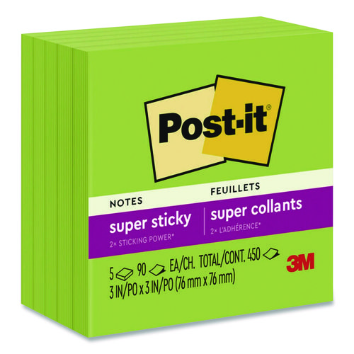 Super Sticky Pads in Energy Boost Collection Colors, 3 x 3, Limeade, 90 Sheets/Pad, 5 Pads/Pack