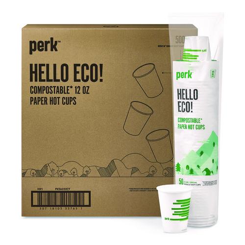 Eco-ID Compostable Paper Hot Cups, 12 oz, White/Green, 500/Carton - Zuma
