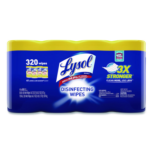 Disinfecting Wipes, 1-Ply, 7 x 7.25, Lemon and Lime Blossom, White, 80 Wipes/Canister, 4 Canisters/Pack