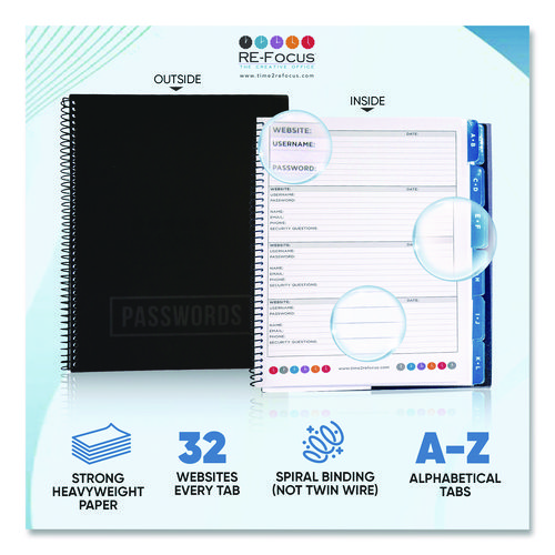 Large Password Log Book, 384 Total Entries, 4 Entries/Page, Black Plastic Cover, (48) 10 x 7.5 Sheets