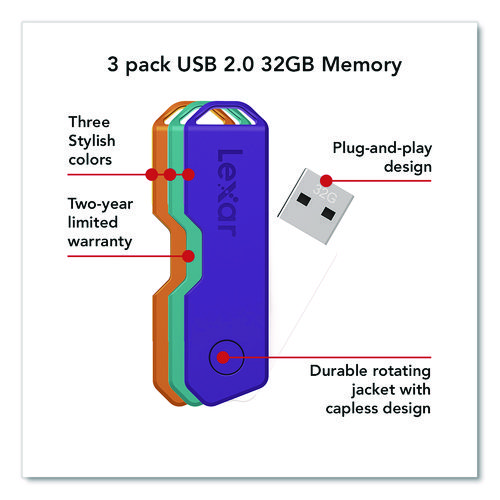 Twist Turn2 USB 2.0 Flash Drive, 32 GB, Orange/Purple/Teal, 3/Pack