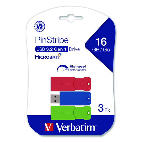 PinStripe USB 3.2 Flash Drive, 16 GB, Blue/Green/Red, 3/Pack