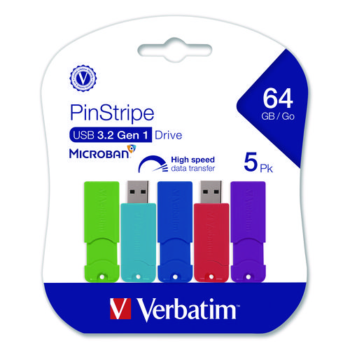 PinStripe USB 3.2 Flash Drive, 64 GB, Assorted Colors, 5/Pack