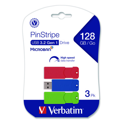 PinStripe USB 3.0 Flash Drive, 128 GB, Blue/Green/Red, 3/Pack