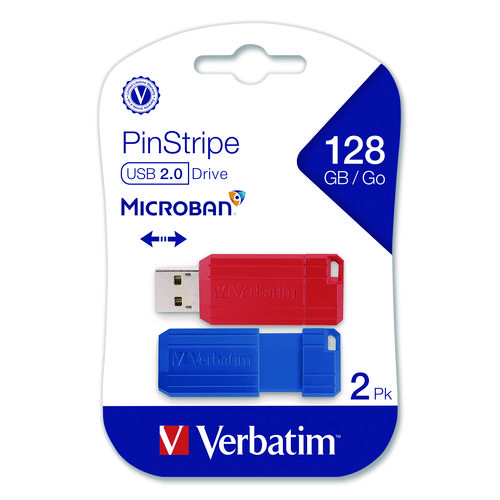 PinStripe USB 2.0 Flash Drive, 128 GB, Blue/Red, 2/Pack