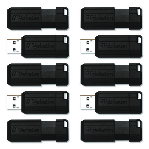 Pinstripe USB 2.0 Flash Drive, 64 GB, Black, 10/Pack