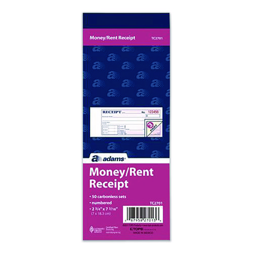 Multipart Money/Rent Receipt Book, Three-Part Carbonless, 6.69 x 2.75, 50 Receipts/Book, 3 Books/Pack