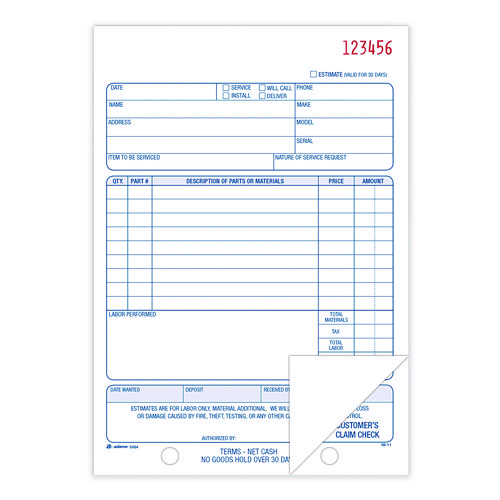 Multipart Repair Order Pad, Two-Part Carbonless, 5.56 x 7.94, 50 Forms Total