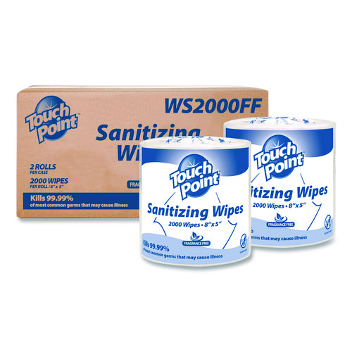 Hand Sanitizing Wipes Refill, 5 x 8, Fragrance Free, White, 2,000 Wipes/Roll, 2 Rolls/Carton