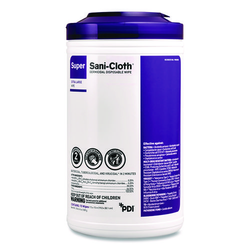 Super Sani-Cloth Disinfecting Wipes, 15 x 7.5, Unscented, White, 75 Wipes/Canister, 6/Carton