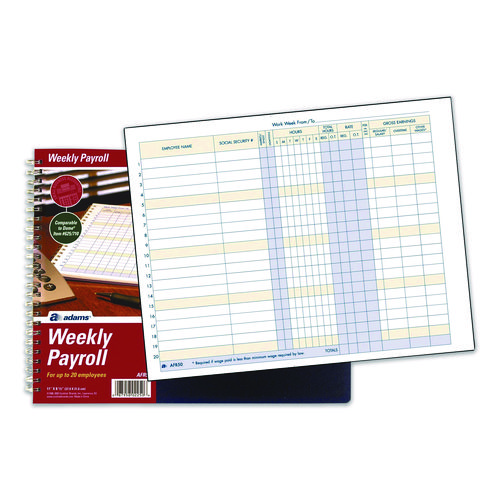 Weekly Payroll Record Book for 20 Employees, Two-Page Spread: 36 Columns, Royal Blue Cover, 8.5 x 11 Sheets, 56 Sheets/Book