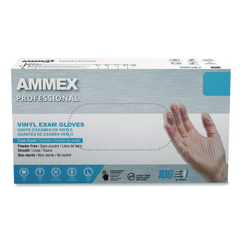 Vinyl Exam Gloves, Powder-Free, Large, Clear, 100/Box