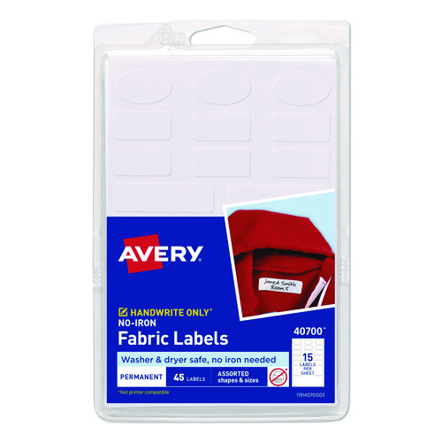 Avery Kids No-Iron Fabric Labels, Handwrite Only, Assorted Shapes and Sizes, White, 15 Labels/Sheet, 3 Sheets/Pack