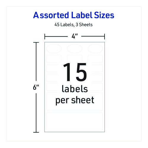 Avery Kids No-Iron Fabric Labels, Handwrite Only, Assorted Shapes and Sizes, White, 15 Labels/Sheet, 3 Sheets/Pack