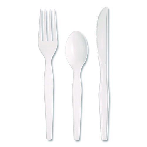 Heavyweight Polystyrene Cutlery, Fork/Knife/Teaspoon, Plastic, White, 250/Carton