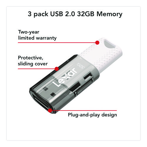 JumpDrive S60 USB 2.0 Flash Drive, 32 GB, Gray/White, 3/Pack