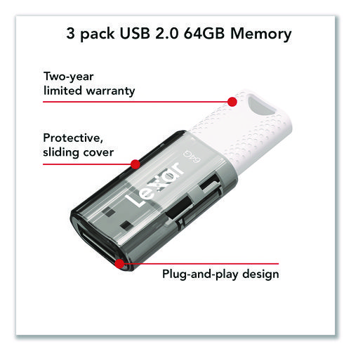 JumpDrive S60 USB 2.0 Flash Drive, 64 GB, Gray/White, 3/Pack