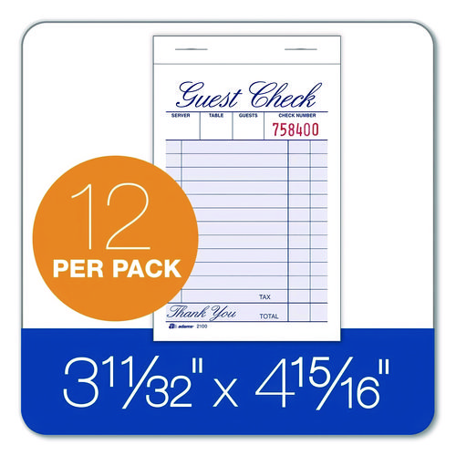 One-Part Guest Check Pad, One-Part (No Copies), 3.35 x 4.94, 100 Forms/Pad, 12 Pads/Pack