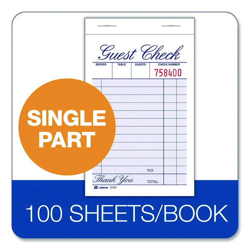 One-Part Guest Check Pad, One-Part (No Copies), 3.35 x 4.94, 100 Forms/Pad, 12 Pads/Pack