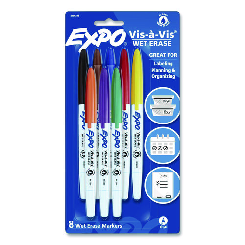 Vis-à-Vis Wet Erase Marker, Fine Bullet Tip, Assorted Colors, 8/Pack