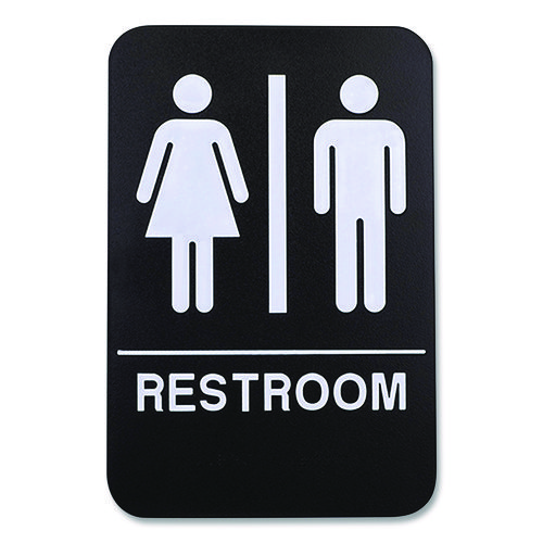 Indoor/Outdoor Restroom with Braille Text, 6" x 9", Black Face, White Graphics, 3/Pack