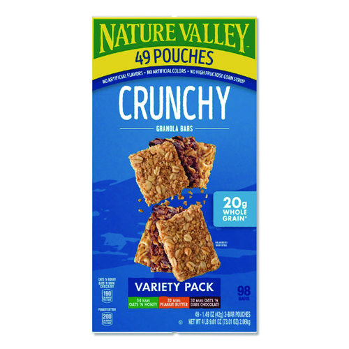 Granola Bars, Assorted Crunchy Bars, 1.5 oz Pouch, 2 Bars/Pouch, 49 Packs/Box