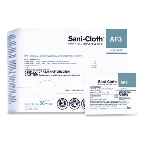 Sani-Cloth AF3 Germicidal Disposable Wipes, Large, 1-Ply, 8" x 5", Unscented, White, 50/Pack, 10 Packs/Carton