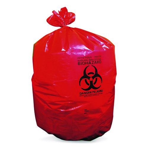 Healthcare Biohazard Printed Low-Density Can Liners, Biohazard, 45 gal, 1.3 mil, 40 x 46, Red, Flat Pack, 200/Carton