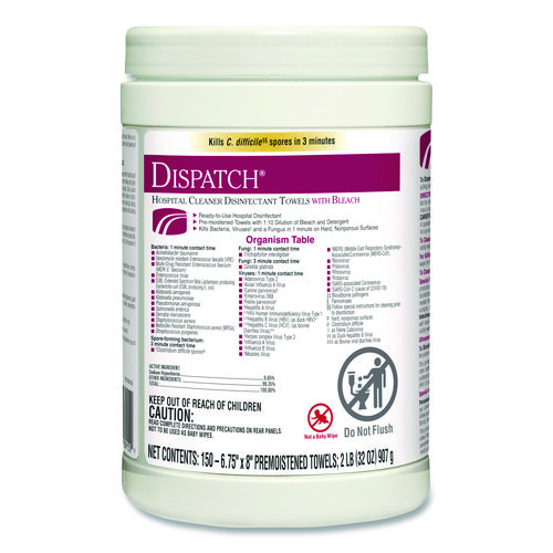 Dispatch Hospital Cleaner Disinfectant Towels with Bleach, 1-Ply, 6.75 x 8, Unscented, White, 150/Canister