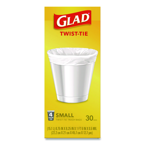 Small Twist-Tie Trash Bags, 4 gal, 0.74 mil, 23 x 21.63, White, 30/Box