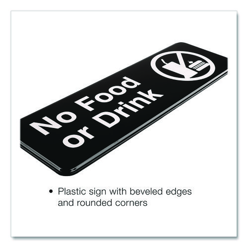No Food or Drink Wall Sign, 9" x 3", Black Face, White Graphics, 3/Pack