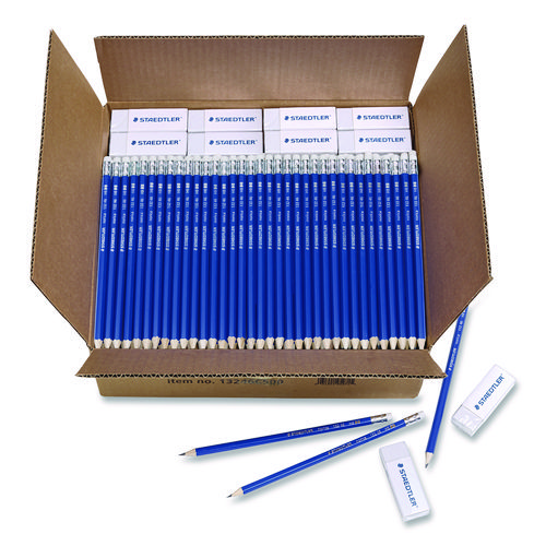 Pre-Sharpened Wooden Pencils with (40) Block Erasers, HB #2 Black Lead, Blue Barrel, 500/Pack