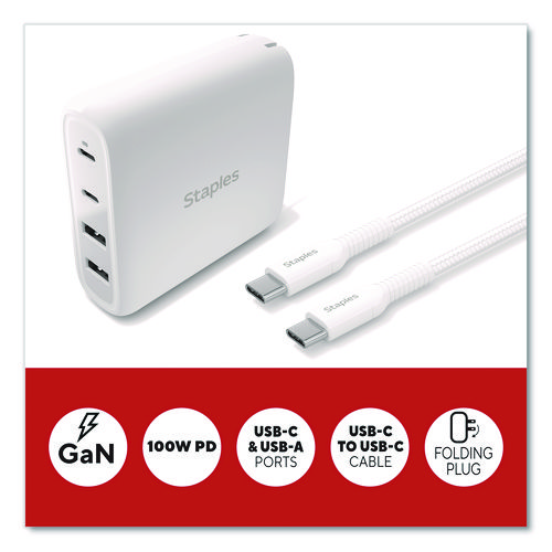 GaN USB-A/USB-C Wall Charger with Cable, 100 W, 4 Ports, White