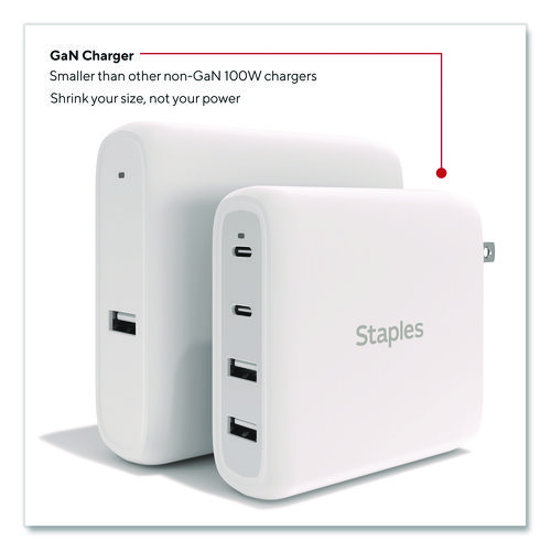 GaN USB-A/USB-C Wall Charger with Cable, 100 W, 4 Ports, White