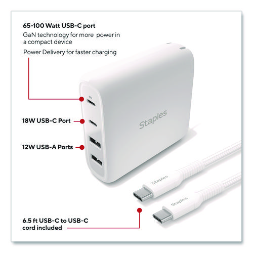 GaN USB-A/USB-C Wall Charger with Cable, 100 W, 4 Ports, White