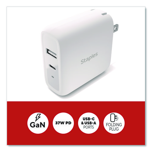 GaN USB-A/USB-C Wall Charger, 37 W, 2 Ports, White