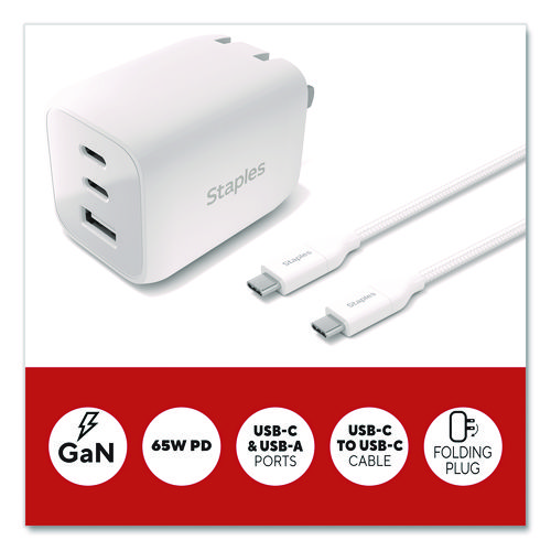 GaN USB-A/USB-C Wall Charger with Cable, 65 W, 3 Ports, White